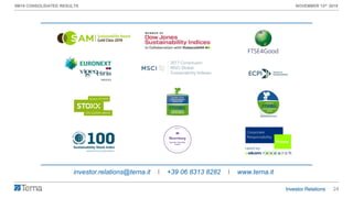 24
9M19 CONSOLIDATED RESULTS NOVEMBER 13th 2019
investor.relations@terna.it I +39 06 8313 8282 I www.terna.it
 