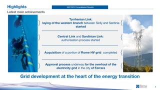 9M 2025 Consolidated Results
4
Highlights
Latest main achievements
Grid development at the heart of the energy transition
Tyrrhenian Link:
laying of the western branch between Sicily and Sardinia
started
Acquisition of a portion of Rome HV grid completed
Central Link and Sardinian Link:
authorisation process started
Approval process underway for the overhaul of the
electricity grid in the city of Ferrara
 