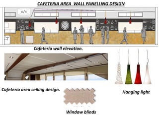 Hanging light
Cafeteria wall elevation.
Cafeteria area ceiling design.
CAFETERIA AREA WALL PANELLING DESIGN
Window blinds
 