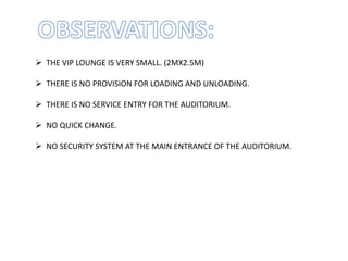  THE VIP LOUNGE IS VERY SMALL. (2MX2.5M)
 THERE IS NO PROVISION FOR LOADING AND UNLOADING.
 THERE IS NO SERVICE ENTRY FOR THE AUDITORIUM.
 NO QUICK CHANGE.
 NO SECURITY SYSTEM AT THE MAIN ENTRANCE OF THE AUDITORIUM.
 