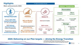 FY 2025 Consolidated Results
4
Highlights
Main achievements 2025
1. Including EIB funds and the green hybrid bond issued in January 2026
2. FER X transitorio acutions, including ~2GW of plants below 1MW (so-called «Registro»)
3. Meccanismo di Approvvigionamento di Capacità di Stoccaggio Elettrico (MACSE)
2025: Delivering on our Plan targets — driving the Energy Transition
INFRASTRUCTURE
Group’s 2024-2028
Industrial Plan Update:
€17.7bn of investments
2025 National
Development Plan:
€23bn of investments
Progressing in all key
infrastructure projects
FINANCE
S&P and Moody’s
ratings upgrade
Strengthening leadership in
green financing:
80%1 of funding covered
by ESG debt instruments
First
MACSE3
auction
RESULTS
Solid set of results
2025 results:
Average price 65%
lower than
reserve price
around 12GW
awarded2
EBITDA
+7%
NET INCOME
+5%
“FER X”
auctions
10GWh
awarded
Renewables
Capacity
evolution
>7GW
integrated in 2025
ENERGY TRANSITION
Storage
CAPEX
+31%
 