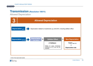 FOURTH REGULATORY PERIOD




Transmission (Resolution 199/11)
Allowed Depreciation


    3                                       Allowed Depreciation


    Depreciation 2012                Depreciation related to investments up until 2010, including deflator effect




                                                       1
                                      Depreciation
   Depreciation Rolling
                                         year before
                                                           x        Deflator Effect                +   New Depreciation

                                                                      (1+Deflator)                         Capex year (t-2)
                                                                                                               x
                                                               Deflator for Gross Investments
                                                               published by ISTAT (avg. last 4Qs       Depreciation rate
                                                               available)




1) Net of fully depreciated assets

                                                                                                                   Investor Relations   11
 