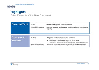 FOURTH REGULATORY PERIOD




Highlights
Other Elements of the New Framework


Binomial Tariff         In 2012             Unitary tariff applied, based on volumes
                        From 2013 onwards   Switch to binomial tariff regime, based on volumes and available
                                            capacity




Exposure to             In 2012              Mitigation mechanism on volumes confirmed
Volumes                                        Exposure only if volumes are in the [- 0.5%; +0.5%] range
                                               If volumes are below -0.5%, compensation covered by the Equalization fund

                        From 2013 onwards    Exposure to Volumes limited only to 20% of the Allowed Opex




                                                                                                     Investor Relations   5
 