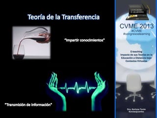 CVME 2013
#CVME
#congresoelearning
E-teaching
Impacto de sus Teorías en la
Educación a Distancia bajo
Contextos Virtuales
Dra. Karinne Terán
Korowajczenko
 