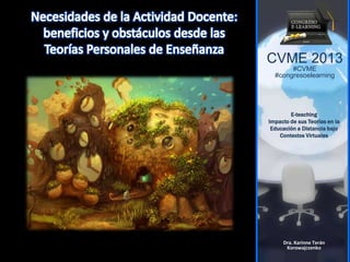 CVME 2013
#CVME
#congresoelearning
E-teaching
Impacto de sus Teorías en la
Educación a Distancia bajo
Contextos Virtuales
Dra. Karinne Terán
Korowajczenko
 