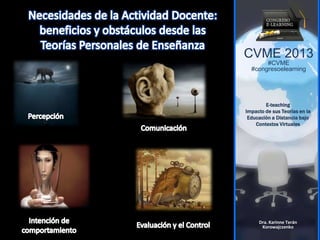 CVME 2013
#CVME
#congresoelearning
E-teaching
Impacto de sus Teorías en la
Educación a Distancia bajo
Contextos Virtuales
Dra. Karinne Terán
Korowajczenko
 