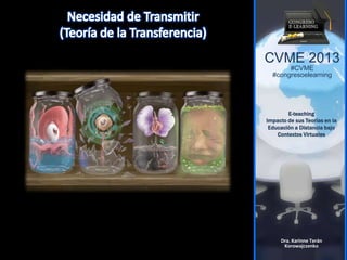 CVME 2013
#CVME
#congresoelearning
E-teaching
Impacto de sus Teorías en la
Educación a Distancia bajo
Contextos Virtuales
Dra. Karinne Terán
Korowajczenko
 