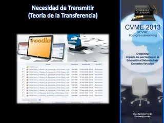 CVME 2013
#CVME
#congresoelearning
E-teaching
Impacto de sus Teorías en la
Educación a Distancia bajo
Contextos Virtuales
Dra. Karinne Terán
Korowajczenko
 