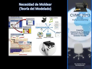 CVME 2013
#CVME
#congresoelearning
E-teaching
Impacto de sus Teorías en la
Educación a Distancia bajo
Contextos Virtuales
Dra. Karinne Terán
Korowajczenko
 