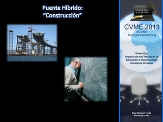 CVME 2013
#CVME
#congresoelearning
E-teaching
Impacto de sus Teorías en la
Educación a Distancia bajo
Contextos Virtuales
Dra. Karinne Terán
Korowajczenko
 