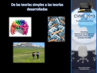 CVME 2013
#CVME
#congresoelearning
E-teaching
Impacto de sus Teorías en la
Educación a Distancia bajo
Contextos Virtuales
Dra. Karinne Terán
Korowajczenko
 