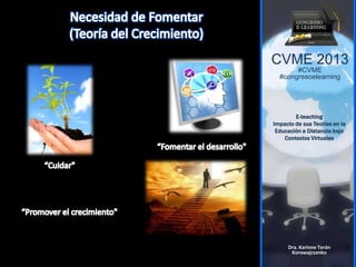 CVME 2013
#CVME
#congresoelearning
E-teaching
Impacto de sus Teorías en la
Educación a Distancia bajo
Contextos Virtuales
Dra. Karinne Terán
Korowajczenko
 