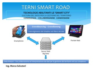 TERNI SMART ROAD
CrowdSourcing – CrowdSensing
Coinvolgimento del cittadino nel rilievo dei dati
Smartphone Portale Web
Server Web
Big Data
Data Analyst – Uso, elaborazione ed interpretazione dei dati per la gestione del territorio nel suo complesso.
Ing. Marco Salvatori
 