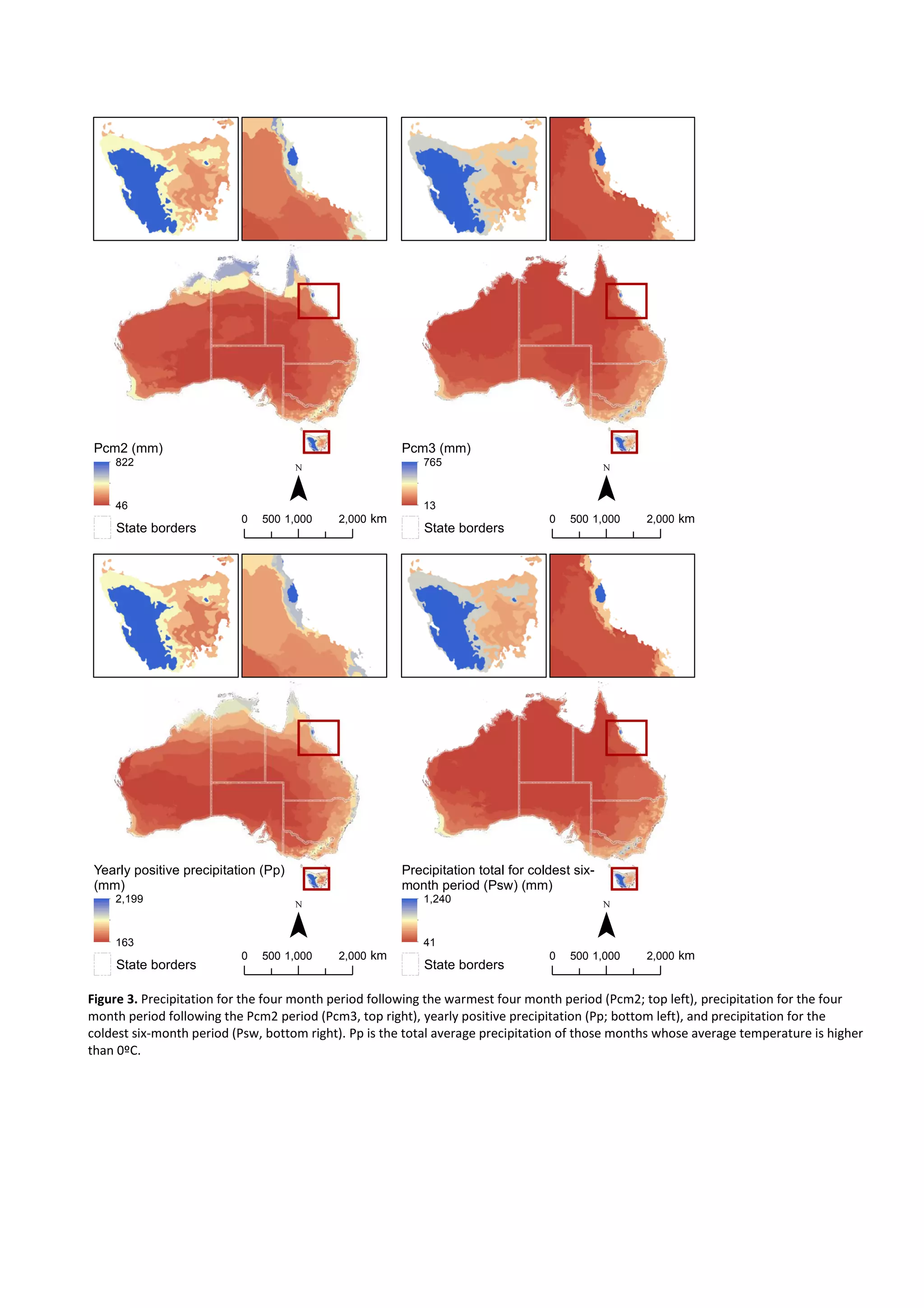 Figure 3. Precipitation for the four month period following the warmest four month period (Pcm2; top left), precipitation for the four
month period following the Pcm2 period (Pcm3, top right), yearly positive precipitation (Pp; bottom left), and precipitation for the
coldest six-month period (Psw, bottom right). Pp is the total average precipitation of those months whose average temperature is higher
than 0ºC.
Pcm2 (mm)
822
46
State borders
0 1,000 2,000500 km
¯
Pcm3 (mm)
765
13
State borders
0 1,000 2,000500 km
¯
Yearly positive precipitation (Pp)
(mm)
2,199
163
State borders
0 1,000 2,000500 km
¯
Precipitation total for coldest six-
month period (Psw) (mm)
1,240
41
State borders
0 1,000 2,000500 km
¯
 