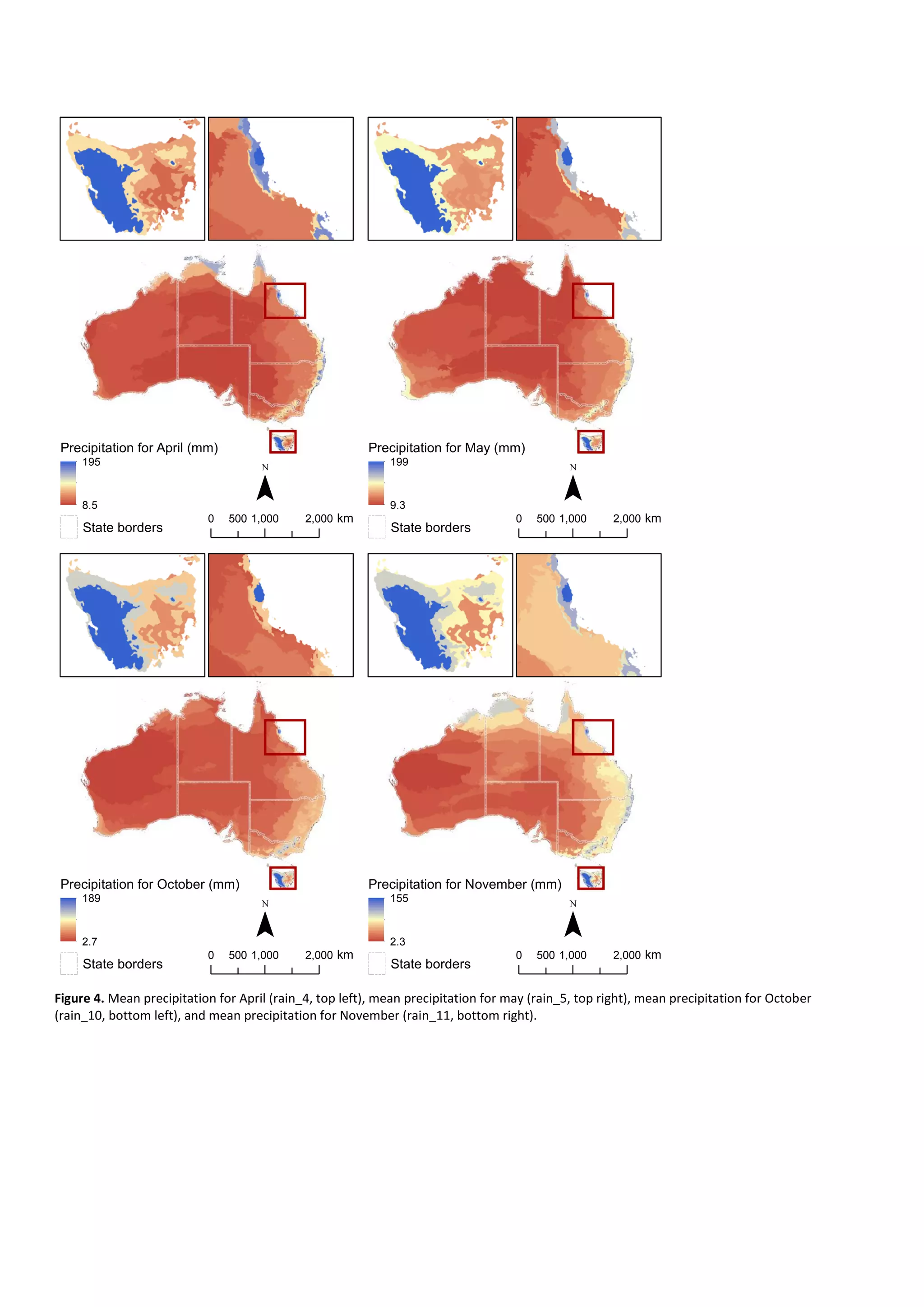 Figure 4. Mean precipitation for April (rain_4, top left), mean precipitation for may (rain_5, top right), mean precipitation for October
(rain_10, bottom left), and mean precipitation for November (rain_11, bottom right).
Precipitation for April (mm)
195
8.5
State borders
0 1,000 2,000500 km
¯
Precipitation for May (mm)
199
9.3
State borders
0 1,000 2,000500 km
¯
Precipitation for October (mm)
189
2.7
State borders
0 1,000 2,000500 km
¯
Precipitation for November (mm)
155
2.3
State borders
0 1,000 2,000500 km
¯
 