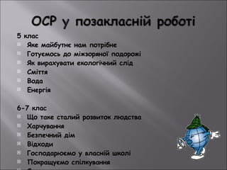 5 клас Яке майбутнє нам потрібне Готуємось до міжзоряної подорожі Як вирахувати екологічний слід Сміття Вода Енергія   6-7 клас Що таке сталий розвиток людства Харчування Безпечний дім Відходи  Господарюємо у власній школі Покращуємо спілкування Як ми живемо разом   