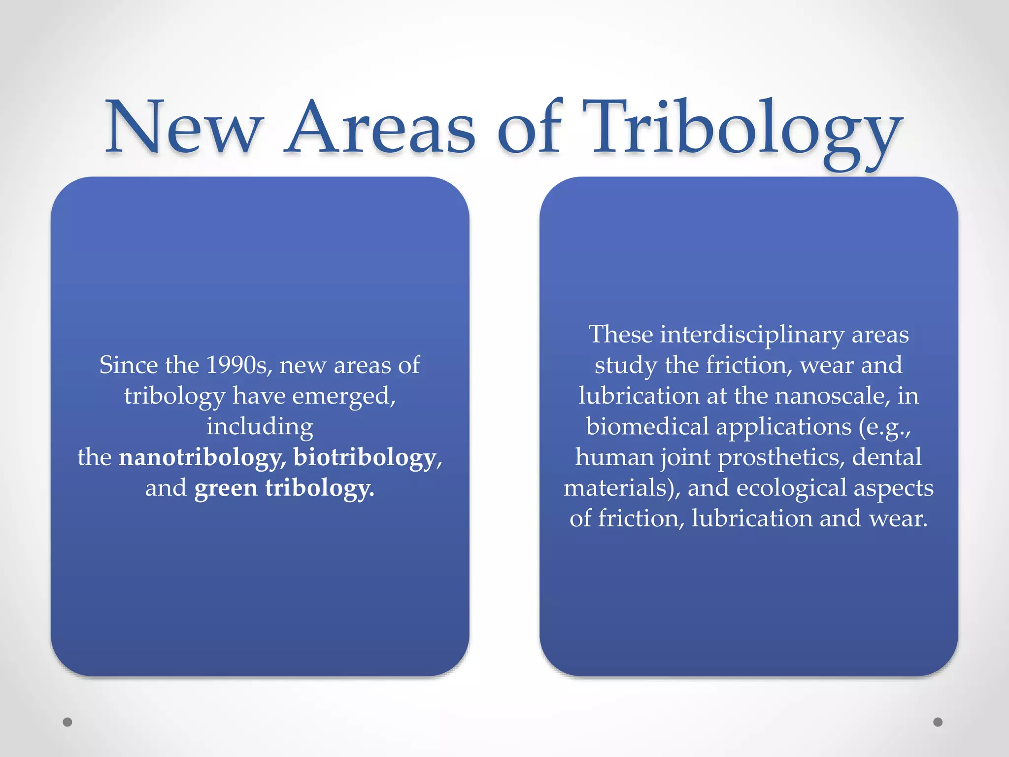 New Areas of Tribology
Since the 1990s, new areas of
tribology have emerged,
including
the nanotribology, biotribology,
and green tribology.
These interdisciplinary areas
study the friction, wear and
lubrication at the nanoscale, in
biomedical applications (e.g.,
human joint prosthetics, dental
materials), and ecological aspects
of friction, lubrication and wear.
 