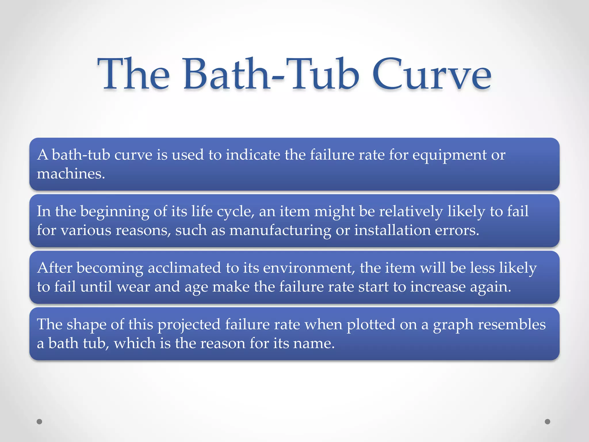 The Bath-Tub Curve
A bath-tub curve is used to indicate the failure rate for equipment or
machines.
In the beginning of its life cycle, an item might be relatively likely to fail
for various reasons, such as manufacturing or installation errors.
After becoming acclimated to its environment, the item will be less likely
to fail until wear and age make the failure rate start to increase again.
The shape of this projected failure rate when plotted on a graph resembles
a bath tub, which is the reason for its name.
 
