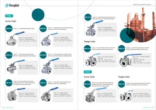 23 24www.terofox.com www.terofox.com
Flange Ends:
Flange Ends:
MWF-310D MWF-314
Size: 1/2”~6" (DN15~DN150 )
Pressure:
Class 150 , PN40/PN16 bar
Temp.: -20 to 180°C (-4 to 356°F)
Size: 11/2”~12" (DN40~DN300)
Pressure:
Class 150 / Class 300,
PN40/PN16 bar
Temp.: -20 to 180°C (-4 to 356°F)
3 way L/T -port full bore ball valve, ISO 5211
direct-mounted pad, blow-out-proof stem.
3 way L/T -port full bore ball valve, ISO 5211
direct-mounted pad, blow-out-proof stem.
MW-410D MWF-410D
Size: 1/2"~4"(DN15~DN100)
Pressure: 1000psi(PN63 bar )
Temp.: -20 to 180°C (-4 to 356°F)
Size: 1/2"~6" (DN15~DN150)
Pressure: Class150, PN40/PN16
Temp.: -20 to 180°C (-4 to 356°F)
4 way T/L/X -port full bore ball valve seat
supported ISO 5211 direct-mounted pad,
four seat with screw body design
4 way L/T/X -port full bore ball valve, ISO 5211
direct-mounted pad, blow-out-proof stem.
Screw Ends:
4-way
Multi-way Ball Valves
MW-304 MW-305D
Size: 1/4"~2"(DN8~DN50)
Pressure: 1000psi(PN63 bar )
Temp.: -20 to 180°C (-4 to 356°F)
Size: 1/4"~2"(DN8~DN50)
Pressure: 1000psi ( PN63 bar )
Temp.: -20 to 180°C (-4 to 356°F)
3 way T / L-port reduce bore ball valve,
ISO 5211 mounted pad bottom port design
3 way T / L-port standard bore ball valve. ISO
5211 direct-mounted pad, four-seated loaded.
MW-310D MW-314
Size: 1/2"~4"(DN15~DN100)
Pressure: 1000psi(PN63 bar )
Temp.: -20 to 180°C (-4 to 356°F)
Size: 1/4"~2"(DN8~DN50)
Pressure: 1000psi(PN63 bar )
Temp.: -20 to 180°C (-4 to 356°F)
3 way T/L port full bore ball valve seat
supported, ISO 5211 direct-mounted pad,
four seat with screw body design
3 way T / L-port full bore ball valve blow-out-
proof stem, ISO 5211 mounted pad
MW-316D
Size: 1/4"~2"(DN8~DN50)
Pressure: 1000psi(PN63 bar )
Temp.: -20 to 180°C (-4 to 356°F)
3 way T / L-port full bore ball valve blow-out-
proof stem, ISO 5211 direct-mounted pad
3-way
MW-302 MW-303
Size: 1/4"~2"(DN8~DN50)
Pressure: 1000psi(PN63 bar )
Temp.: -20 to 180°C (-4 to 356°F)
Size: 1/4"~3"(DN8~DN80)
Pressure: 1000psi(PN63 bar )
Temp.: -20 to 180°C (-4 to 356°F)
3 way T / L-port standard bore ball valve
3 way T / L-port reduce bore ball valve blow-out-
proof stem, ISO 5211 mounted pad
Screw Ends:
 