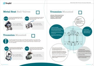 25 26www.terofox.com www.terofox.com
Metal Seat Ball Valves/ Trunnion Mounted
MS-320D MS-20D
Size: 1/4”~ 4” (DN8~DN100)
Pressure: 2000psi / PN140 bar
Temp.: -29 to 475ºC ( -20 to 887˚F)
Size: 1/2”~ 6” (DN15~DN150)
Pressure: Class 150, Class 300
Temp.: -29 to 475ºC ( -20 to 887˚F)
3-pc full bore metal seated ball valve, blow-
out-proof stem & anti-static design, ISO 5211
direct-mounted pad.
2-pc full bore metal seat ball valve, blow-out-
proof stem & anti-static design, ISO 5211
direct-mounted pad.
T
he trunnion mounted ball valve design is used mainly with the split body or 3-pc design in both
casting and forging. The torque required to turn a trunnion–mounted ball is significantly less than
that needed for a floating ball. Therefore, the trunnion mounted ball design is standard for large
sizes of the application.
Trunnion Mounted
Metal Seat Ball Valves
MS-40
2-pc full bore trunnion mounted ball valve,
metal seat, blow-out-proof stem & anti-static
design, double-block-and-bleed (DBB)
design.
Size: 2”~ 36” (DN50~DN900)
Pressure: Class 150, Class 300
Temp.: -29 to 475ºC ( -20 to 887˚F)
MS-44
Size: 2”~ 36” (DN50~DN900)
Pressure: Class 600, Class 900
Temp.: -29 to 475ºC ( -20 to 887˚F)
3-pc full bore trunnion mounted ball valve,
metal seat, blow-out-proof stem & anti-static
design, double-block-and-bleed (DBB)
design.
Independent Ball
and Stem
The ball and stem are
independent to minimize the
affect of the side thrust
generated by the
pressure acting on the ball.
Trunnion Mounted
Anti-static & Blow-out-proof Design
Double Block-and-bleed Design
Emergency Sealant Injection
Independent Ball and Stem
Floating Self-relieving Seat Rings
Two independent floating seat rings assure the
bi-directional tightness of the valve.
The seats are carefully designed to minimize the
torque required to operate the valves without losing
sealing power, which assures form zero differential
pressure to the valve's maximum rated pressure.
Self-relieving seats are supplied as a standard feature.
Double piston or combination seats (self-relieving/
upstream, double piston/downstream) can be
supplied on request.
Anti-static Design
The electrical conductance
continuity between all the
metallic components is
guaranteed and certified.
The ball is fixed and the seat rings are
floating, free to move along the valve axis.
Side load generated by the pressure acting
on the ball is absorbed by bearings.
At low pressure the seat sealing action is
achieved by the thrust of the springs acting
on the seat rings.
As the pressure increases the fluid
pressure pushes the seat rings against
the ball.
Trunnion-mounted Ball
Accurate machining of stem and bonnet
sealing surfaces ensures compliance with
the most severe pollution control regulations.
Special "live" seals are available upon request.
Double Black & Bleed
The double block and bleed feature, both
with the ball in the fully closed or fully open
position, is a standard feature.
Low Emission Valves
 