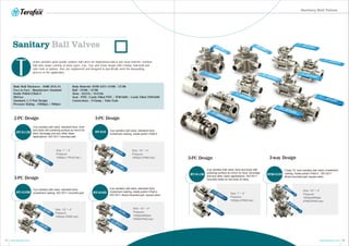 31 32www.terofox.com www.terofox.com
T
erofox provides good quality sanitary ball valves for biopharmaceutical and clean industry. Sanitary
ball valve range consists of many types: 2-pc, 3-pc and 3-way design with t-clamp, butt-weld and
tube ends as options. They are engineered and designed to specifically meet the demanding
process in the application.
Sanitary Ball Valves
Body Wall Thickness : ASME B16.34
Face to Face : Manufacture Standard
Inside Polish≦Ra0.4
Oil-Free
Standard, L/T Port Design
Pressure Rating : 1000psi / 800psi
Sanitary Ball Valves
Size: 1” ~ 2”
Pressure:
1000psi ( PN 63 bar )
2-pc sanitary ball valve, standard bore, bore
and body with polishing surface as mirror for
food, beverage and any other clean
applications. ISO 5211 mounted pad.
ST-310ST-211M
Size: 1/2” ~ 4”
Pressure:
1000psi (PN63 bar)
2-PC Design 3-PC Design
3-PC Design
3-pc sanitary ball valve, standard bore,
investment casting, inside polish≦Ra0.4
Size: 1/2” ~ 4”
Pressure:
1000psi (PN63 bar)
3-pc sanitary ball valve, standard bore,
investment casting, ISO 5211 mounted pad. ST-310DST-310M
Size: 1/2” ~ 4”
Pressure:
1000psi/800psi
(PN63/PN40 bar)
3-pc sanitary ball valve, standard bore,
investment casting, inside polish≦Ra0.4 ,
ISO 5211 direct-mounted pad, square stem.
Body Material: ASTM A351 CF8M / CF3M
Ball : CF8M / CF3M
Stem : SS316 / SS316L
Seat : PTFE /Cavity Filled PTFE / TFM1600 / Cavity Filled TFM1600
Connections : T-Clamp / Tube Ends
Size: 1/2” ~ 4”
Pressure:
1000psi/800psi
(PN63/PN40 bar)
3-way T/L bore sanitary ball valve, investment
casting, inside polish≦Ra0.4 , ISO 5211
direct-mounted pad, square stem.
STM-313D
Size: 1” ~ 2”
Pressure:
1000psi (PN63 bar)
3-pc sanitary ball valve, bore and body with
polishing surface as mirror for food, beverage
and any other clean applications. ISO 5211
mounted holes on the body of valve.
ST-311M
3-PC Design 3-way Design
 