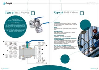 Type of Ball valve
05 06www.terofox.com www.terofox.com
Operation
Lever operated is most cost-efficient for ball valves. Also available
with gear box, motor actuator, pneumatic or hydraulic actuator for
more difficult services.
Bore
Full bore or reduce bore. Full bore design provides exceptional flow
control.
Body & Bonnet
Single, split or 3-pc design, disassembles easily for repair or
replacement of internal components.
End Connections:
Available for RF, RTJ, and Butt Weld Connections.
Blow-out-out Proof Design & Anti-Static
Device (BPS&AS)
A stem shoulder design protects against the failure under excess
pressure. For anti-static device, it means a metallic contact is
always granted between ball and stem / body to discharge
eventual statics building up during service
API 607 6th Fire Safe Certified
Terofox certain valves are applicable of to API607 or BS 6755 fire
safe certified. To grant their operation stable in case of fire
accident, API607 / BS 5755 will provide graphite packing and
gaskets.
Type of Ball ValvesType of Ball Valves
Float Ball Valve:
The ball is held on two seat rings.
Trunnion Ball Valve:
The ball is supported on its vertical rotation
axis by a trunnion. The trunnion absorbs the
pressure from the flow, therefore, the contact
between the ball and the seat is not excessively
stressed and the operating torque can remain
low. This design is recommended for big
diameters and high pressure.
HO GO EA
SPLIT
FB
RF RTJ BW
3-PIECE
RB
STD TEFLON GRAPHITE
BPS
AS
FD
TRUNNION
MOUNTED
FLOATING
TYPE
 