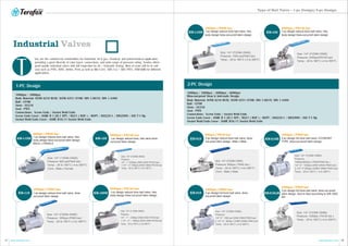 07 08www.terofox.com www.terofox.com
Type of Ball Valve -- 1-pc Design/ 2-pc Design
1000psi / 2000psi / 3000psi / 6000psi
Blow-out-proof Stem & Anti-static Design
Body Material: ASTM A216 WCB/ ASTM A351 CF8M/ DIN 1.0619/ DIN 1.4408
Ball : CF8M
Stem : SS316
Seat : PTFE
Connections: Screw Ends / Socket Weld Ends
Screw Ends Cover : ASME B 1.20.1 NPT / BS21 ( BSP ) / BSPT / ISO228-1 / DIN2999 / ISO 7-1 Rp
Socket Weld Ends Cover : ASME B16.11 Socket Weld Ends
2-PC Design
Size: 1/4"~2"(DN8~DN50)
Pressure: 800psi ( PN40 bar )
Temp.: -20 to 180°C (-4 to 356°F)
Conn.: Male x Male
2-pc design reduce bore ball valve, blow-
out-proof stem design. Male x Male
2-pc design full bore ball valve, ECONOMY
TYPE, blow-out-proof stem design.
Size: 1/4"~3"(DN8~DN80)
Pressure:
1/4"~2" 1000 psi (DN8~DN50 PN63 bar)
2 1/2"~3" 800psi ( DN65~DN80 PN40 bar)
Temp.: -20 to 180°C (-4 to 356°F)
2-pc design full bore ball valve, blow-
out-proof stem design.
EB-212
Size: 1/4"~3"(DN8~DN80)
Pressure:
1000psi/800psi ( PN63/PN40 bar )
1/4"~2" 1000psi (DN8~DN50 PN63 bar)
2-1/2"~3" 800psi (DN65~DN80 PN40 bar)
Temp.: -20 to 180°C ( -4 to 356°F)
EB-210E
EB-210LMEB-210
Size: 1/4"~3"(DN8~DN80)
Pressure: 1000psi ( PN 63 bar )
Temp.: -20 to 180°C (-4 to 356°F)
800psi / PN40 bar 1000psi / PN63 bar
1000psi / PN63 bar
1000psi / PN63 bar 2-pc design full bore ball valve, blow-out-proof
stem design. face to face according to DIN 3202
M3
1000psi / PN63 bar
Size: 1/4"~2"(DN8~DN50)
Pressure: 1000 psi(PN63 bar)
Temp.: -20 to 180°C (-4 to 356°F)
1-pc design reduce bore ball valve, Hex.
body design blow-out-proof stem design
1-pc design reduce bore ball valve, Hex.
body design blow-out-proof stem design
EB-110H
2000psi / PN140 bar
EB-122
Size: 1/4"~2"(DN8~DN50)
Pressure: 2000psi(PN140 bar)
Temp.: -20 to 180°C (-4 to 356°F)
T
Industrial Valves
1000psi / 2000psi
Body Material: ASTM A216 WCB/ ASTM A351 CF8M/ DIN 1.0619/ DIN 1.4408
Ball : CF8M
Stem : SS316
Seat : PTFE
Connections: Screw Ends / Socket Weld Ends
Screw Ends Cover : ASME B 1.20.1 NPT / BS21 ( BSP ) / BSPT / ISO228-1 / DIN2999 / ISO 7-1 Rp
Socket Weld Ends Cover : ASME B16.11 Socket Weld Ends
1-PC Design
Size: 1/4"~1"(DN8~DN25)
Pressure: 800 psi(PN40 bar)
Temp.: -20 to 180°C (-4 to 356°F)
Conn.: Male x Female
800psi / PN40 bar
1000psi / PN63 bar
1-pc design reduce bore ball valve, Hex.
body design blow-out-proof stem design,
MALE x FEMALE
EB-112H
1-pc design reduce bore ball valve, blow-
out-proof stem design
Size: 1/4"~2"(DN8~DN50)
Pressure: 1000psi (PN63 bar)
Temp.: -20 to 180°C (-4 to 356°F)
EB-110
2000psi / PN140 bar
2000psi / PN140 bar
EB-120
Size: 1/4"~2"(DN8~DN50)
Pressure:
1/4" ~ 1" 2000psi (DN8~DN25 PN140 bar),
1 1/4" ~ 2" 1500psi (DN32~DN50 PN100 bar)
Temp.: -20 to 180°C (-4 to 356°F)
1-pc design reduce bore, ball valve blow-
out-proof stem design
Size: 1/4"~2" (DN8~DN50)
Pressure:
1/4" ~ 1" -- 2000psi (DN8~DN25 PN140 bar)
1 1/4" ~ 2" -- 1500psi (DN32~DN50 PN100 bar)
Temp.: -20 to 180°C (-4 to 356°F)
1-pc design reduce bore ball valve, Hex.
body design blow-out-proof stem design
EB-120H
hey are the commercial commodities for industrial, oil & gas, chemical, and petrochemical application.
providing a good diversity of valve types, connections, and wide range of pressure rating. Terofox offers
good quality industrial valves with full inspection by air / hydraulic testing. Most of seats will be in soft
seat such as PTFE, RTFE, Delrin, Peek as well as MG-1241, 50% S.S.+ 50% PTFE, TFM1600 for different
applications.
 