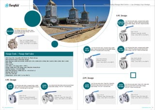 11 12
2-PC Design
Size: 1/2”~6"
Pressure: Class 150,Class 300
Temp.: -20 to 180°C (-4 to 356°F)
2-pc full bore ball valve, Class150, Class300
economic type, blow-out-proof stem & anti-
static design, ISO 5211 mounted pad.
2-pc full bore ball valve, Class 150, Class 300
blow-out-proof stem & anti-static design,
ISO 5211 direct-mounted pad.
ANSI
TF-20
Size: 1/2”~6"
Pressure: Class 150, Class 300
Temp.: -20 to 180°C (-4 to 356°F)
ANSI
TF-20D
Size: 1/2”~6"
Pressure: Class150, JIS10K
Temp.: -20 to 180°C (-4 to 356°F)
1-pc full bore ball valve; compact body (wafer
type), Class150, JIS10K, blow-out-proof stem
& anti-static design, ISO 5211 direct-mounted
pad.
DIN
TF-10
ANSI/JIS
TF-10D
Size: DN15~DN150
Pressure: PN10/16
Temp.: -20 to 180°C (-4 to 356°F)
1-PC Design
1-pc full bore ball valve, compact body (wafer
type ), blow-out-proof stem & anti-static design,
ISO 5211 mounted pad on top body.
DIN
TF-10D
Size: DN15~DN150
Pressure: PN10/16
Temp.: -20 to 180°C (-4 to 356°F)
1-pc full bore ball valve, compact body (wafer
type ), PN10/16, blow-out-proof stem & anti-
static design, ISO 5211 direct-mounted pad.
www.terofox.com www.terofox.com
Size: 1/2”~6"
Pressure: Class150/Class300
Temp.: -20 to 180°C (-4 to 356°F)
1-pc full bore ball valve, compact body ( wafer
type ), blow-out-proof stem & anti-static design,
ISO 5211 mounted pad on top body.
Size: 1/4"~2"(DN8~DN50)
Pressure: 2000psi (PN140 bar)
Temp.: -20 to 180°C (-4 to 356°F)
2-pc design full bore ball valve, blow-
out-proof & anti-static design, ISO 5211
direct-mounted body.
EB-3208D
ANSI
TF-11
ANSI
TF-10
Size: 1/2”~6"
Pressure: Class 150, Class 300
Temp.: -20 to 180°C (-4 to 356°F)
1-PC Design
1-pc reduce bore ball valve, blow-out-proof stem
& anti-static design, ISO 5211 mounted pad.
2000psi / PN140 bar
ANSI Class150/ Class300, DIN PN10/16, PN25/40 bar
Blow-out-proof Stem & Anti-static Design
Body Material: ASTM A216 WCB/ ASTM A351 CF8/ ASTM A351 CF8M/ DIN 1.0619/ DIN1.4308/ DIN 1.4408
Ball: CF8M
Stem: SS316
Seat: RTFE ( 15% Glass Fiber + PTFE )
Flange: ASME B16.5 RF Flange Ends, DIN2501 PN40/PN16
Finished Surface: 125-250 AARH
Body Wall Thickness: ASME B16.34 / EN12516-1/2
Marking: MSS SP-25
Valve Test: API 598
Temperature: -20 to 180˚C (-4 to 356˚F)
Flange Ends / Flange Ball Valve
Flange Ends/ Flange Ball Valve — 1-pc Design/ 2-pc Design
 