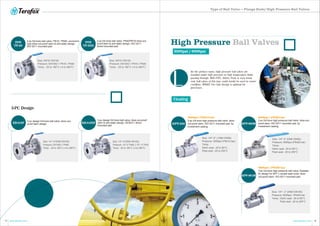3-PC Design
Size: DN15~DN150
Pressure: EN1092-1 PN16 / PN40
Temp.: -20 to 180°C (-4 to 356°F)
Size: DN15~DN150
Pressure: EN1092-1 PN16 / PN40
Temp.: -20 to 180°C (-4 to 356°F)
2-pc full bore ball valve, PN16 / PN40, wconomic
type blow-out-proof stem & anti-static design,
ISO 5211 mounted pad.
DIN
TF-20
DIN
TF-20D
2-pc full bore ball valve, PN40/PN16 blow-out-
proof stem & anti-static design, ISO 5211
direct-mounted pad.
Size: 1/4”~4"(DN8~DN100)
Pressure: EN1092-1 PN40
Temp.: -20 to 180°C (-4 to 356°F)
3-pc design full bore ball valve, blow-out-
proof stem design.
3-pc design full bore ball valve, blow-out-proof
stem & anti-static design, ISO5211 direct-
mounted pad.
EB-310DFEB-310F HPV-230 HPV-260M
Size: 1/4"~2" ( DN8~DN50)
Pressure: 3000psi (PN210 bar)
Temp.:
Delrin seat: -20 to 80°C ;
Peek seat: -20 to 250°C
2-pc full bore high pressure ball valve, blow-
out-proof stem, ISO 5211 mounted pad, by
investment casting
2-pc full bore high pressure ball valve, blow-out-
proof stem, ISO 5211 mounted pad, by
investment casting
HPV-361M
Size: 1/4”~ 2” (DN8~DN150)
Pressure: 6000psi / PN420 bar
Temp.: Delrin seat: -20 to 80°C
Peek seat: -20 to 250°C
3-pc full bore high pressure ball valve, Radiator
fin design for NPT x socket weld ends, blow-
out-proof stem, ISO 5211 mounted pad.
Floating
High Pressure Ball Valves
3000psi / 6000psi
L
ike the product name, high pressure ball valves are
installed under high pressure or high temperature fluids
passing through. With PTFE, Delrin, Peek or even metal
seat, ball valves of this type could mostly be used in severe
condition. API607 Fire Safe Design is optional for
purchases.
3000psi / PN210 bar
6000psi / PN420 bar
6000psi / PN420 bar
Size: 1/4"~2" (DN8~DN50)
Pressure: 6000psi (PN420 bar)
Temp.:
Delrin seat: -20 to 80°C ;
Peek seat: -20 to 250°C
Size: 1/4”~4"(DN8~DN100)
Pressure: 1/4"~2" PN40, 2 1/2"~ 4" PN16
Temp.: -20 to 180°C (-4 to 356°F)
13 14www.terofox.com www.terofox.com
Type of Ball Valve — Flange Ends/ High Pressure Ball Valves
 