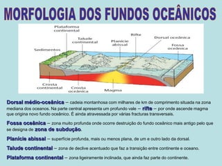 MORFOLOGIA DOS FUNDOS OCEÂNICOSDorsal médio-oceânica – cadeia montanhosa com milhares de km de comprimento situada na zona mediana dos oceanos. Na parte central apresenta um profundo vale – rifte – por onde ascende magma que origina novo fundo oceânico. É ainda atravessada por várias fracturas transversais.Fossa oceânica – zona muito profunda onde ocorre destruição do fundo oceânico mais antigo pelo que se designa dezona de subdução.Planície abissal – superfície profunda, mais ou menos plana, de um e outro lado da dorsal.Talude continental – zona de declive acentuado que faz a transição entre continente e oceano.Plataforma continental – zona ligeiramente inclinada, que ainda faz parte do continente.