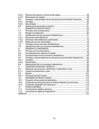 10
6.4.2 Efectos del tamaño y la forma del objeto................................................ 59
6.4.3 Movimiento de objetos............................................................................ 59
6.5 Ventajas y desventajas de los sensores de proximidad inductivos......... 60
6.5.1 Ventajas.................................................................................................. 60
6.5.2 Desventajas............................................................................................ 61
6.6 Aplicaciones del sensor inductivo. .......................................................... 61
7. SENSOR FOTOELÉCTRICO ................................................................. 63
7.1 Principio de funcionamiento.................................................................... 67
7.2 Margen de detección. ............................................................................. 67
7.3 Clasificación de los sensores fotoeléctricos............................................ 71
7.3.1 Sensores retrorreflectivos....................................................................... 71
7.3.2 Sensores retrorreflectivos polarizados.................................................... 72
7.3.3 Detección de haz transmitido.................................................................. 73
7.4 Ventajas de los sensores fotoeléctricos.................................................. 74
7.5 Aplicaciones De Los sensores fotoeléctricos.......................................... 76
8. SENSOR ULTRASÓNICO...................................................................... 77
8.1 Principio de funcionamiento.................................................................... 78
8.2 Consideraciones relativas al objeto. ....................................................... 79
8.3 Características de los sensores ultrasónicos.......................................... 80
8.4 Ventajas y desventajas de los sensores de proximidad ultrasónicos. .... 82
8.4.1 Ventajas.................................................................................................. 82
8.4.2 Desventajas............................................................................................ 82
8.5 Aplicaciones De Los sensores ultrasónicos............................................ 83
9. CONSTRUCCIÓN DEL MÓDULO.......................................................... 85
9.1 Selección de sensores, elementos y materiales a usar. ......................... 85
9.1.1 Listado de elementos a usar................................................................... 85
9.2 Diseño................................................................................................... 101
9.2.1 Dimensiones del módulo....................................................................... 103
10. INFORME DE RESULTADOS .............................................................. 112
10.1 Creación de las guías de laboratorio. ................................................... 112
10.2 Contenido de las guías para el módulo didáctico de sensores............. 113
10.3 Contenido especifico de cada guía....................................................... 114
11. CONCLUSIONES. ................................................................................ 117
11.1 Conclusiones objetivo general. ............................................................. 117
11.2 conclusiones objetivos especificos. ...................................................... 117
ANEXOS............................................................................................................ 123
 