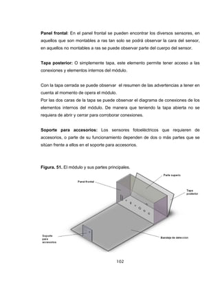 102
Panel frontal: En el panel frontal se pueden encontrar los diversos sensores, en
aquellos que son montables a ras tan solo se podrá observar la cara del sensor,
en aquellos no montables a ras se puede observar parte del cuerpo del sensor.
Tapa posterior: O simplemente tapa, este elemento permite tener acceso a las
conexiones y elementos internos del módulo.
Con la tapa cerrada se puede observar el resumen de las advertencias a tener en
cuenta al momento de opera el módulo.
Por las dos caras de la tapa se puede observar el diagrama de conexiones de los
elementos internos del módulo. De manera que teniendo la tapa abierta no se
requiera de abrir y cerrar para corroborar conexiones.
Soporte para accesorios: Los sensores fotoeléctricos que requieren de
accesorios, o parte de su funcionamiento dependen de dos o más partes que se
sitúan frente a ellos en el soporte para accesorios.
Figura. 51. El módulo y sus partes principales.
 