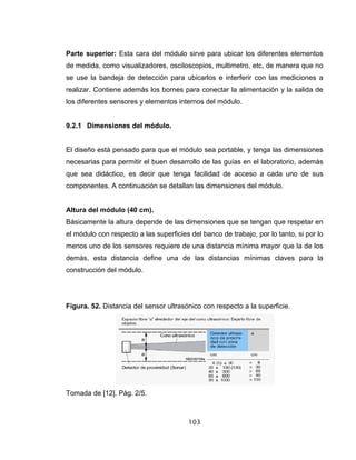 P
d
s
r
l
9
n
q
c
A
B
e
m
d
c
F
T
Parte supe
de medida,
se use la b
realizar. Co
los diferent
9.2.1 Dim
El diseño e
necesarias
que sea d
component
Altura del
Básicamen
el módulo c
menos uno
demás, es
construcció
Figura. 52.
Tomada de
erior: Esta
, como visu
bandeja de
ontiene ade
tes sensore
ensiones d
está pensad
para perm
idáctico, es
tes. A conti
módulo (4
nte la altura
con respect
o de los sen
sta distanc
ón del módu
. Distancia
e [12]. Pág.
cara del m
ualizadores
e detección
emás los bo
es y elemen
del módulo
do para que
mitir el buen
s decir que
nuación se
40 cm).
a depende d
to a las sup
nsores requ
cia define
ulo.
del sensor
2/5.
103
módulo sirv
, osciloscop
n para ubic
ornes para
ntos interno
o.
e el módulo
n desarrollo
e tenga fa
e detallan la
de las dime
perficies de
uiere de un
una de la
ultrasónico
3
ve para ubi
pios, multim
carlos e int
conectar l
os del módu
o sea porta
o de las guí
acilidad de
as dimensio
ensiones qu
el banco de
na distancia
as distancia
o con respe
icar los dife
metro, etc,
terferir con
a alimentac
ulo.
able, y teng
ías en el la
acceso a
ones del mó
ue se tenga
trabajo, po
a mínima m
as mínima
ecto a la su
erentes ele
de manera
las medic
ción y la sa
ga las dime
aboratorio, a
cada uno
ódulo.
an que resp
or lo tanto, s
mayor que la
as claves
perficie.
ementos
que no
iones a
alida de
nsiones
además
de sus
petar en
si por lo
a de los
para la
 