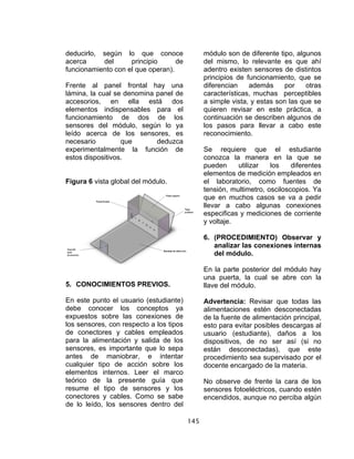 145
deducirlo, según lo que conoce
acerca del principio de
funcionamiento con el que operan).
Frente al panel frontal hay una
lámina, la cual se denomina panel de
accesorios, en ella está dos
elementos indispensables para el
funcionamiento de dos de los
sensores del módulo, según lo ya
leído acerca de los sensores, es
necesario que deduzca
experimentalmente la función de
estos dispositivos.
Figura 6 vista global del módulo.
5. CONOCIMIENTOS PREVIOS.
En este punto el usuario (estudiante)
debe conocer los conceptos ya
expuestos sobre las conexiones de
los sensores, con respecto a los tipos
de conectores y cables empleados
para la alimentación y salida de los
sensores, es importante que lo sepa
antes de maniobrar, e intentar
cualquier tipo de acción sobre los
elementos internos. Leer el marco
teórico de la presente guía que
resume el tipo de sensores y los
conectores y cables. Como se sabe
de lo leído, los sensores dentro del
módulo son de diferente tipo, algunos
del mismo, lo relevante es que ahí
adentro existen sensores de distintos
principios de funcionamiento, que se
diferencian además por otras
características, muchas perceptibles
a simple vista, y estas son las que se
quieren revisar en este práctica, a
continuación se describen algunos de
los pasos para llevar a cabo este
reconocimiento.
Se requiere que el estudiante
conozca la manera en la que se
pueden utilizar los diferentes
elementos de medición empleados en
el laboratorio, como fuentes de
tensión, multimetro, osciloscopios. Ya
que en muchos casos se va a pedir
llevar a cabo algunas conexiones
especificas y mediciones de corriente
y voltaje.
6. (PROCEDIMIENTO) Observar y
analizar las conexiones internas
del módulo.
En la parte posterior del módulo hay
una puerta, la cual se abre con la
llave del módulo.
Advertencia: Revisar que todas las
alimentaciones estén desconectadas
de la fuente de alimentación principal,
esto para evitar posibles descargas al
usuario (estudiante), daños a los
dispositivos, de no ser así (si no
están desconectadas), que este
procedimiento sea supervisado por el
docente encargado de la materia.
No observe de frente la cara de los
sensores fotoeléctricos, cuando estén
encendidos, aunque no perciba algún
 