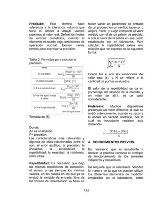 153
Precisión: Este término hace
referencia a la tolerancia máxima que
tiene el sensor a arrojar valores
próximos al valor real. Define los límites
de errores cometidos, cuando el
elemento es usado bajo condiciones de
operación normal. Existen varias
formas para expresar la precisión:
Tabla 2. Formulas para calcular la
precisión.
Tomada de [6].
Donde:
A= es el alcance.
P= precisión.
Las características más relevantes y
algunas de ellas relacionadas entre sí
son: el error estático, la precisión, la
linealidad, la sensibilidad, la
repetibilidad, la exactitud, la histéresis,
entre otras.
Repetibilidad: Es necesario que bajo
las mismas condiciones de operación,
el sensor arroje siempre los mismos
valores, en los puntos en los que ya se
evaluó la variable de entrada. Una de
las formas de determinarlo se basa en
hacer variar un parámetro de entrada
de un proceso en un sentido (acercar o
alejar), medir, y luego comparar el valor
medido con el de un patrón de medida,
o con el valor de la salida en ese punto
establecido por el fabricante. Para
calcular la repetibilidad existe una
relación que se expresa de la siguiente
forma:
xi x
N
Donde las xi son las variaciones del
valor real (x), y N se refiere a la
cantidad de puntos evaluados.
El valor de la repetibilidad se da en
porcentaje del alcance de la medida, y
un valor de ±0.1, es un valor
considerable.
Histéresis: Muchos dispositivos
presentan un valor diferente al que se
midió anteriormente, cuando se recorre
la escala en sentido contrario, por lo
cual es importante registrar esta
diferencia.
H
V V
A
4. CONOCIMIENTOS PREVIOS.
Es necesario que el estudiante a
realizar la práctica conozca el principio
de funcionamiento de los sensores
inductivos y capacitivos.
Se requiere que el estudiante conozca
la manera en la que se pueden utilizar
los diferentes elementos de medición
empleados en el laboratorio, como
 
