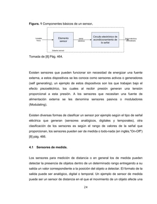 24
Figura. 1 Componentes básicos de un sensor.
Tomada de [8] Pág. 464.
Existen sensores que pueden funcionar sin necesidad de energizar una fuente
externa, a estos dispositivos se les conoce como sensores activos o generadores
(self generating), un ejemplo de estos dispositivos son los que trabajan bajo el
efecto piezoeléctrico, los cuales al recibir presión generan una tensión
proporcional a esta presión. A los sensores que necesitan una fuente de
alimentación externa se les denomina sensores pasivos o moduladores
(Modulating).
Existen diversas formas de clasificar un sensor por ejemplo según el tipo de señal
eléctrica que generan (sensores analógicos, digitales y temporales), otra
clasificación de los sensores es según el rango de valores de la señal que
proporcionan, los sensores pueden ser de medida o todo-nada (en inglés,"On-Off")
[8] pág. 466.
4.1 Sensores de medida.
Los sensores para medición de distancia o en general los de medida pueden
detectar la presencia de objetos dentro de un determinado rango entregando a su
salida un valor correspondiente a la posición del objeto a detectar. El formato de la
salida puede ser analógico, digital o temporal. Un ejemplo de sensor de medida
puede ser un sensor de distancia en el que el movimiento de un objeto afecte una
 