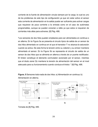 28
corriente de la fuente de alimentación circula siempre por la carga, lo cual es uno
de los problemas de este tipo de configuración ya que sin estar activo el sensor
esta corriente de alimentación en la salida puede ser suficiente para activar cargas
que requieran de poca corriente a la entrada como en el caso de autómatas
programables, aunque se pueden conectar a relés ya que estos si requieren de
corrientes más altas para activarse. [8] Pág. 488.
"Los sensores de dos hilos pueden emplearse para ser alimentados en continua o
en alterna. En la Figura 5a se presenta el circuito típico de salida de un sensor de
dos hilos alimentado en continua en el que el transistor T no alcanza la saturación
cuando se activa. De esta forma la tensión entre su colector y su emisor mantiene
alimentado el sensor. En la Figura 5b se representa el circuito de salida de un
sensor de dos hilos que se alimenta en alterna a través de un puente rectificador.
El tiristor constituye el elemento conmutador accionado por el sensor, mientras
que el diodo zener Dz mantiene la tensión de alimentación del sensor en el nivel
adecuado para su funcionamiento cuando conduce el tiristor. " [8] Pág. 488.
Figura. 5 Sensores todo-nada de dos hilos: a) Alimentación en continua; b)
Alimentación en alterna.
Tomada de [8] Pág. 489.
 