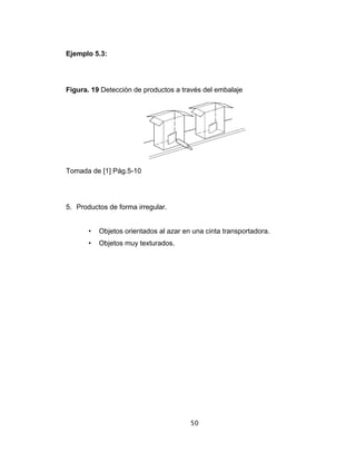 50
Ejemplo 5.3:
Figura. 19 Detección de productos a través del embalaje
Tomada de [1] Pág.5-10
5. Productos de forma irregular.
• Objetos orientados al azar en una cinta transportadora.
• Objetos muy texturados.
 