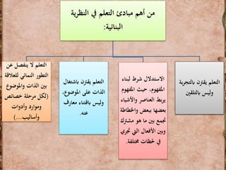 ‫التعلم‬ ‫مبادئ‬ ‫أهم‬ ‫من‬‫ي‬‫ر‬‫النظ‬ ‫يف‬‫ة‬
‫البنائية‬:
‫ع‬ ‫ينفصل‬ ‫ال‬ ‫التعلم‬‫ن‬
‫للع‬ ‫النمائي‬ ‫التطور‬‫القة‬
‫واملوضوع‬ ‫الذات‬ ‫بني‬
(‫خصائص‬ ‫مرحلة‬ ‫لكل‬
‫وأدوات‬ ‫وموارد‬
‫وأساليب‬)...
‫ابش‬ ‫يقرتن‬ ‫التعلم‬‫تغال‬
،‫املوضوع‬ ‫على‬ ‫الذات‬
‫معارف‬ ‫ابقتناء‬ ‫وليس‬
‫عنه‬.
‫لبن‬ ‫شرط‬ ‫االستدالل‬‫اء‬
‫املف‬ ‫حيث‬ ،‫املفهوم‬‫هوم‬
‫واألش‬ ‫العناصر‬ ‫بط‬‫ر‬‫ي‬‫ياء‬
‫واخل‬ ‫ببعض‬ ‫بعضها‬‫طاطة‬
‫مش‬ ‫هو‬ ‫ما‬ ‫بني‬ ‫جتمع‬‫رتك‬
‫اليت‬ ‫األفعال‬ ‫وبني‬‫جتري‬
‫خمتلفة‬ ‫حلظات‬ ‫يف‬.
‫ابلت‬ ‫يقرتن‬ ‫التعلم‬‫بة‬‫ر‬‫ج‬
‫ابلتلقني‬ ‫وليس‬
 