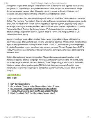 29/12/13

Hizbut Tahrir Indonesia » Blog Archive » Terorisme dan Negara Islam

penegakan negara Islam dengan tindakan tero...