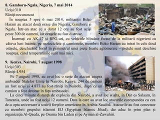8. Gamboru-Ngala, Nigeria, 7 mai 2014
Ucişi:310
Răniţi:necunoscut
În noaptea 5 spre 6 mai 2014, militanţii Boko
Haram au atacat două oraşe din Nigeria, Gamboru şi
Ngala. Într-un atac ce a durat 12 ore au fost ucişi
peste 300 de oameni, iar oraşele au fost distruse.
9. Kenya, Nairobi, 7 august 1998
Ucişi:303
Răniţi:4.954
Pe 7 august 1998, au avut loc o serie de atacuri asupra
ambsadei Statelor Unite în Nairobi, Kenya. 244 de oameni
au fost ucişi şi 4.877 au fost răniţi în Nairobi, după ce un
camion a fost detonat în faţa ambasadei.
Înarmaţi cu AK-47 şi RPG-uri, cu vehicule blindate furate de la militarii nigerieni cu
câteva luni înainte, pe motociclete şi camionete, membrii Boko Haram au intrat în cele două
orăşele, deschizând focul în perimetrul unei pieţe foarte aglomerate – pieţele sunt deschise
noaptea, când temperaturile sunt mai mici.
La cinci minute distanţă de explozia din Nairobi, a avut loc o alta, în Dar es Salaam, în
Tanzania, unde au fost ucişi 12 oameni. Data la care au avut loc atacurile corespundea cu cea
de-a opta aniversare a sosirii forţelor americane în Arabia Saudită. Atacurile au fost conectate
cu membrii grupului islamist EIJ (Egyptian Islamic Jihad), dar aduc în prim plan şi
organizaţia Al-Qaeda, pe Osama bin Laden şi pe Ayman al-Zawahiri.
 