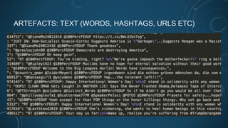 ARTEFACTS: TEXT (WORDS, HASHTAGS, URLS ETC)
 