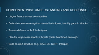 COMPONENTWISE UNDERSTANDING AND RESPONSE
• Lingua Franca across communities
• Defend/countermove against reused techniques, identify gaps in attacks
• Assess defence tools & techniques
• Plan for large-scale adaptive threats (hello, Machine Learning!)
• Build an alert structure (e.g. ISAC, US-CERT, Interpol)
 