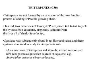 TRITERPENES (C30)
•Triterpenes are not formed by an extension of the now familiar
process of adding IPP to the growing chain.
• Instead, two molecules of farnesyl PP are joined tail to tail to yield
the hydrocarbon squalene, originally isolated from
the liver oil of shark (Squalus sp.).
•Squalene was subsequently found in rat liver and yeast, and these
systems were used to study its biosynthetic role.
•As a precursor of triterpenes and steroids; several seed oils are
now recognized as quite rich sources of squalene, e.g.
Amaranthus cruentus (Amaranthaceae).
 