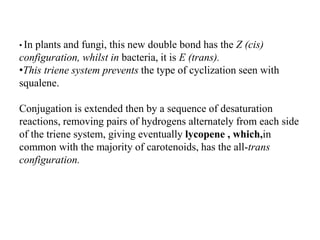 • In plants and fungi, this new double bond has the Z (cis)
configuration, whilst in bacteria, it is E (trans).
•This triene system prevents the type of cyclization seen with
squalene.
Conjugation is extended then by a sequence of desaturation
reactions, removing pairs of hydrogens alternately from each side
of the triene system, giving eventually lycopene , which,in
common with the majority of carotenoids, has the all-trans
configuration.
 