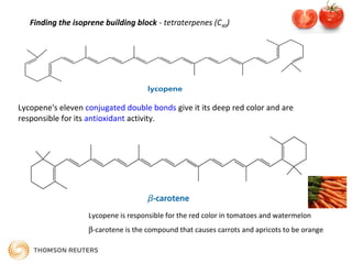 Finding the isoprene building block - tetraterpenes (C40)
Lycopene's eleven conjugated double bonds give it its deep red color and are
responsible for its antioxidant activity.
Lycopene is responsible for the red color in tomatoes and watermelon
β-carotene is the compound that causes carrots and apricots to be orange
 