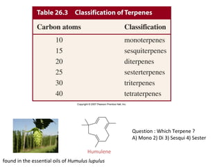 Humulene
found in the essential oils of Humulus lupulus
Question : Which Terpene ?
A) Mono 2) Di 3) Sesqui 4) Sester
 