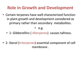 Role in Growth and Development
• Certain terpenes have well characterized function
in plant growth and development considered as
primary rather than secondary metabolites.
• e.g.
• 1- Gibberellins ( diterpenes) causes tallness.
• 2- Sterol (triterpenes) essential component of cell
membrane .
 