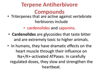 Terpene Antiherbivore
Compounds
• Triterpenes that are active against vertebrate
herbivores include
• cardenolides and saponins.
• Cardenolides are glycosides that taste bitter
and are extremely toxic to higher animals.
• In humans, they have dramatic effects on the
heart muscle through their influence on
Na+/K+-activated ATPases. In carefully
regulated doses, they slow and strengthen the
heartbeat.
 
