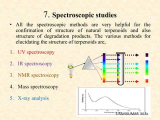 7. Spectroscopic studies
• All the spectroscopic methods are very helpful for the
confirmation of structure of natural terpenoids and also
structure of degradation products. The various methods for
elucidating the structure of terpenoids are,
1. UV spectroscopy
2. IR spectroscopy
3. NMR spectroscopy
4. Mass spectroscopy
5. X-ray analysis
S.RAVIKUMAR M.Sc
 